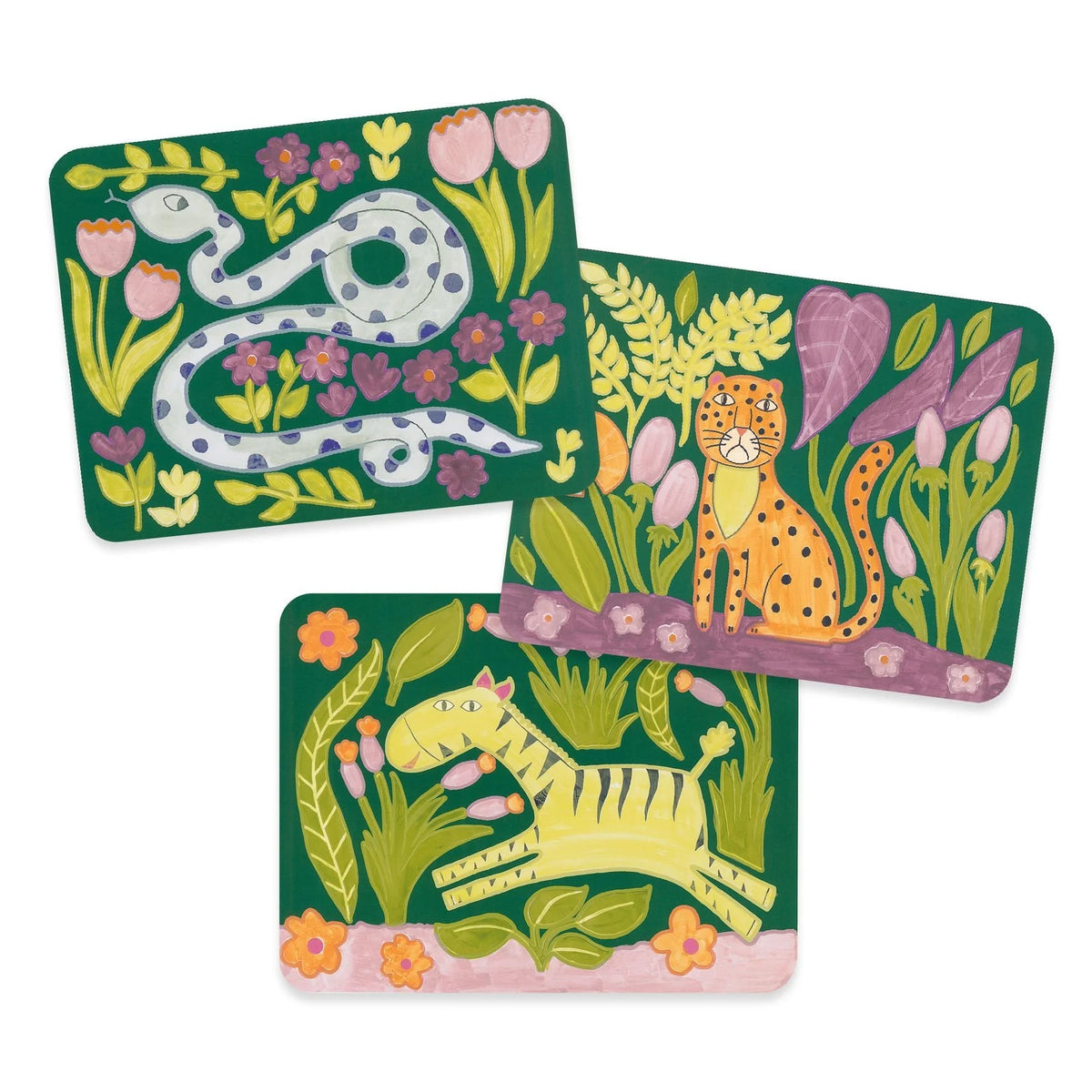 Set of three colorful animal cards with snakes, leopards, and tigers on a green background.