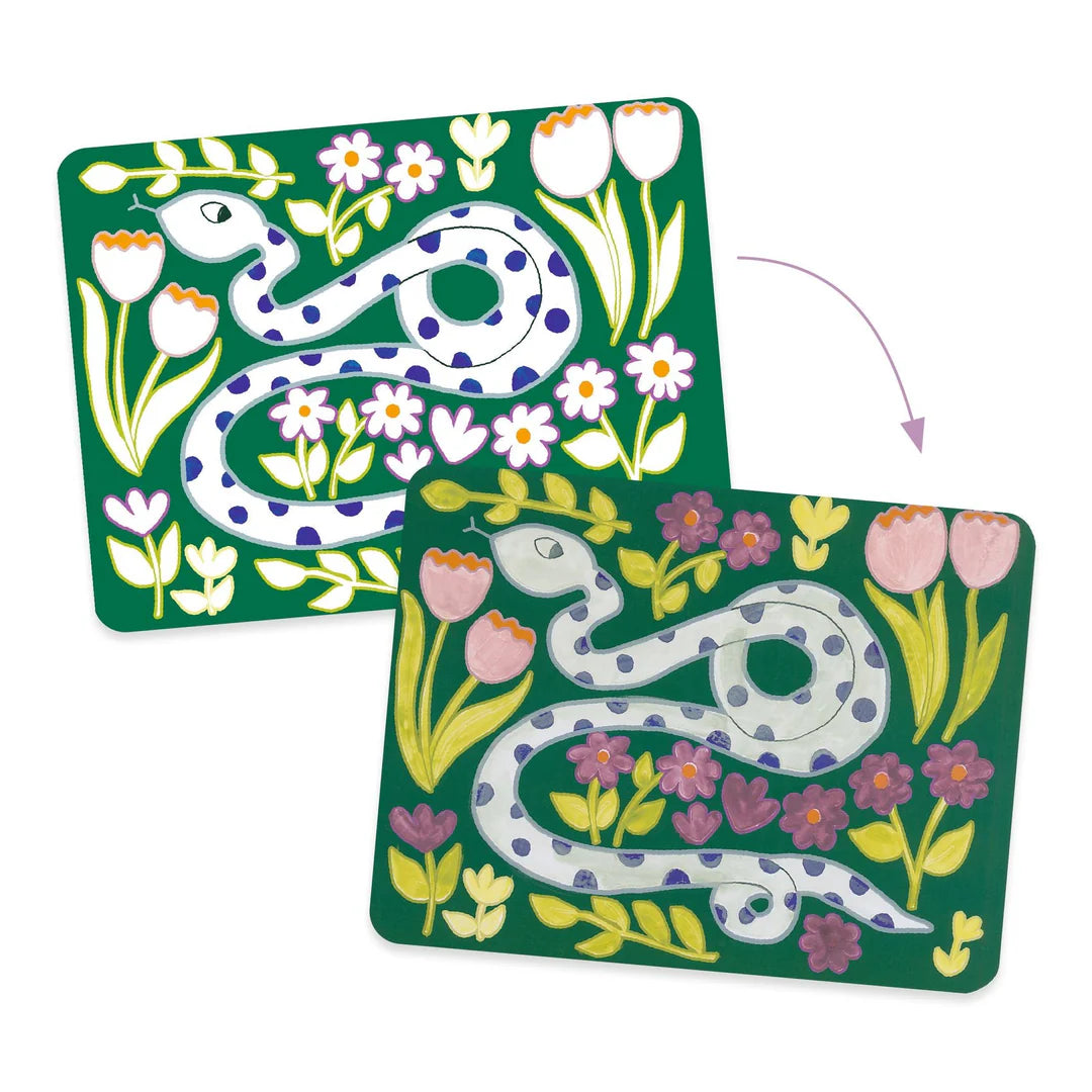 Two cards with a snake and floral design on a green background
