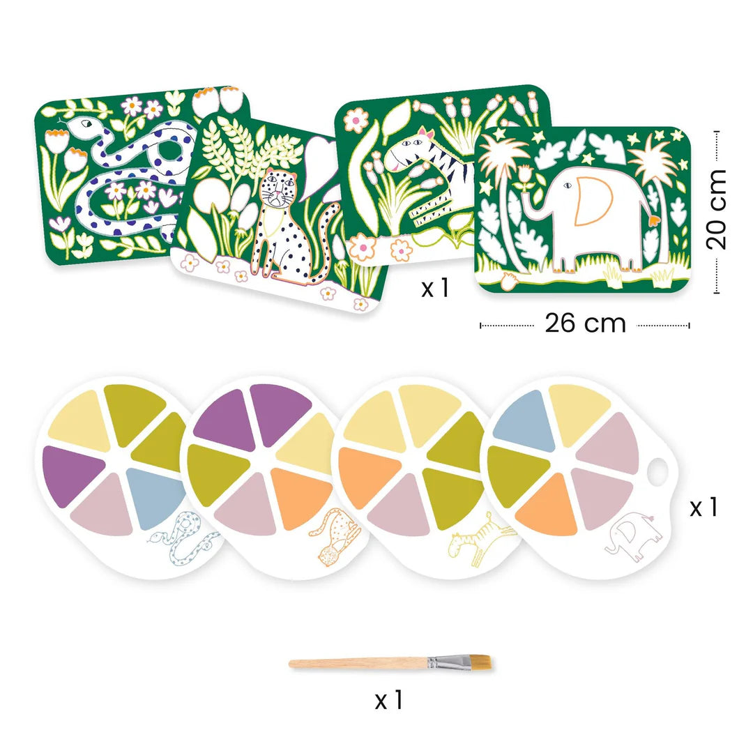 Children's art set with a pink elephant design on a green background, featuring the Djeco brand.