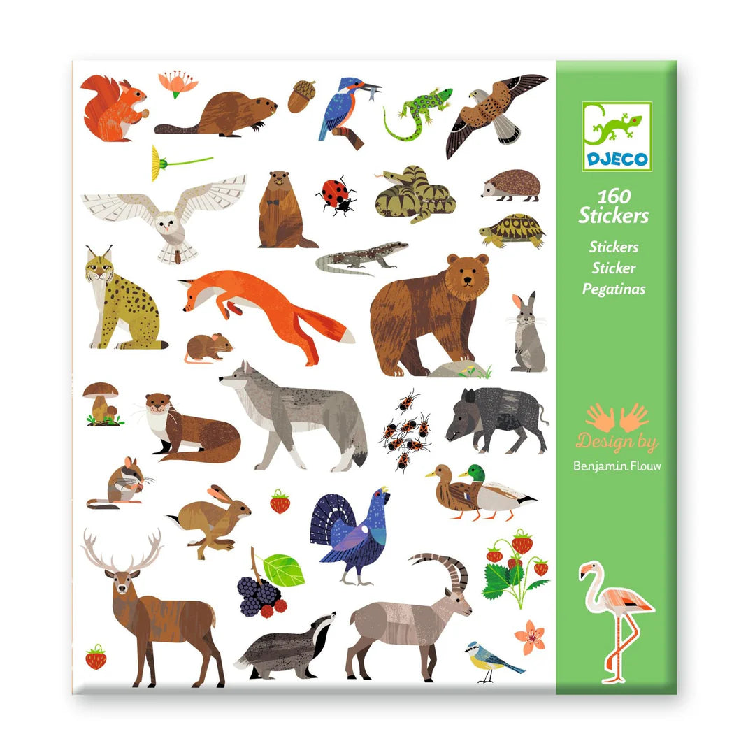 Packaging of Djeco animal stickers with various illustrated animals on a white background.