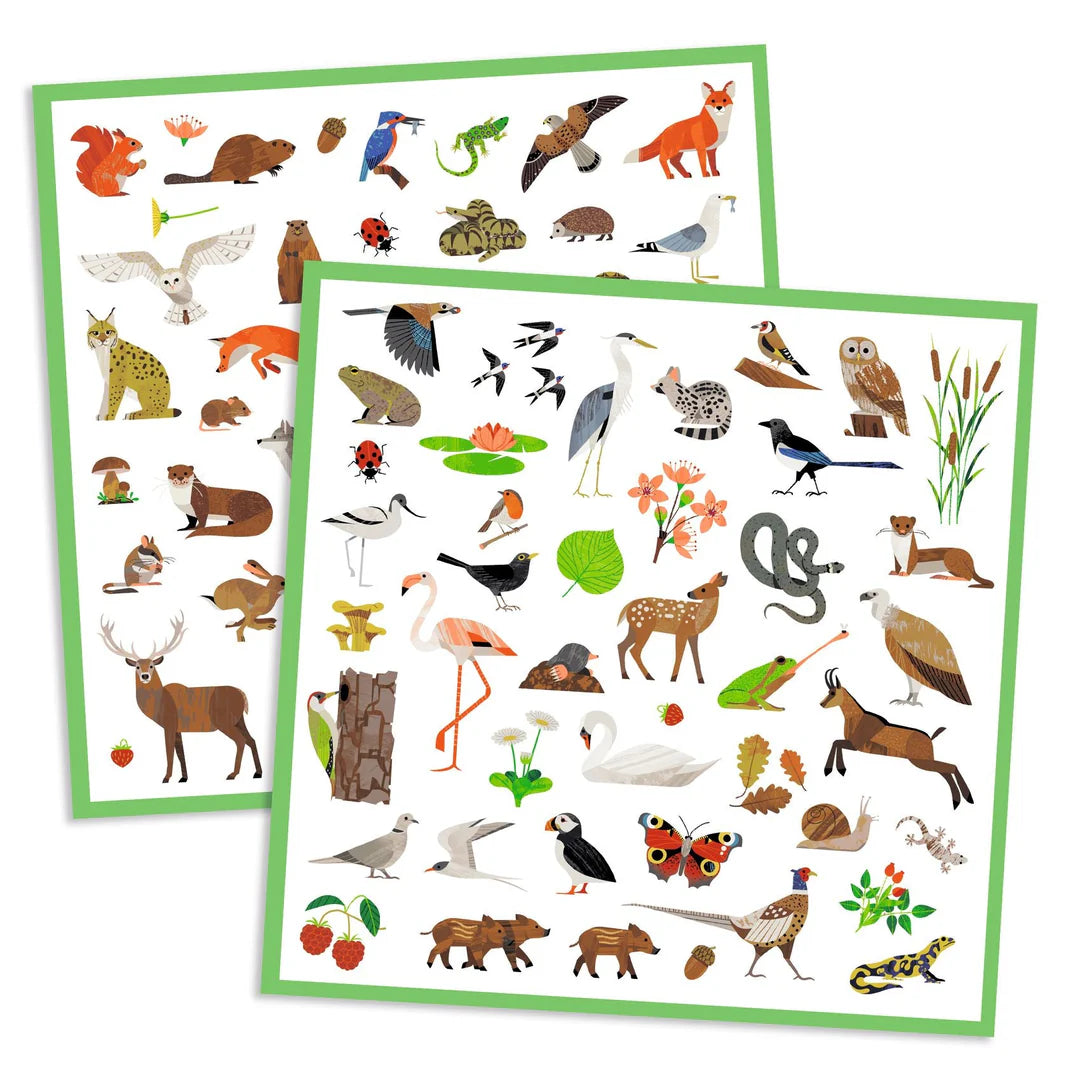 Two sheets of animal stickers with a variety of illustrated animals on a white background.