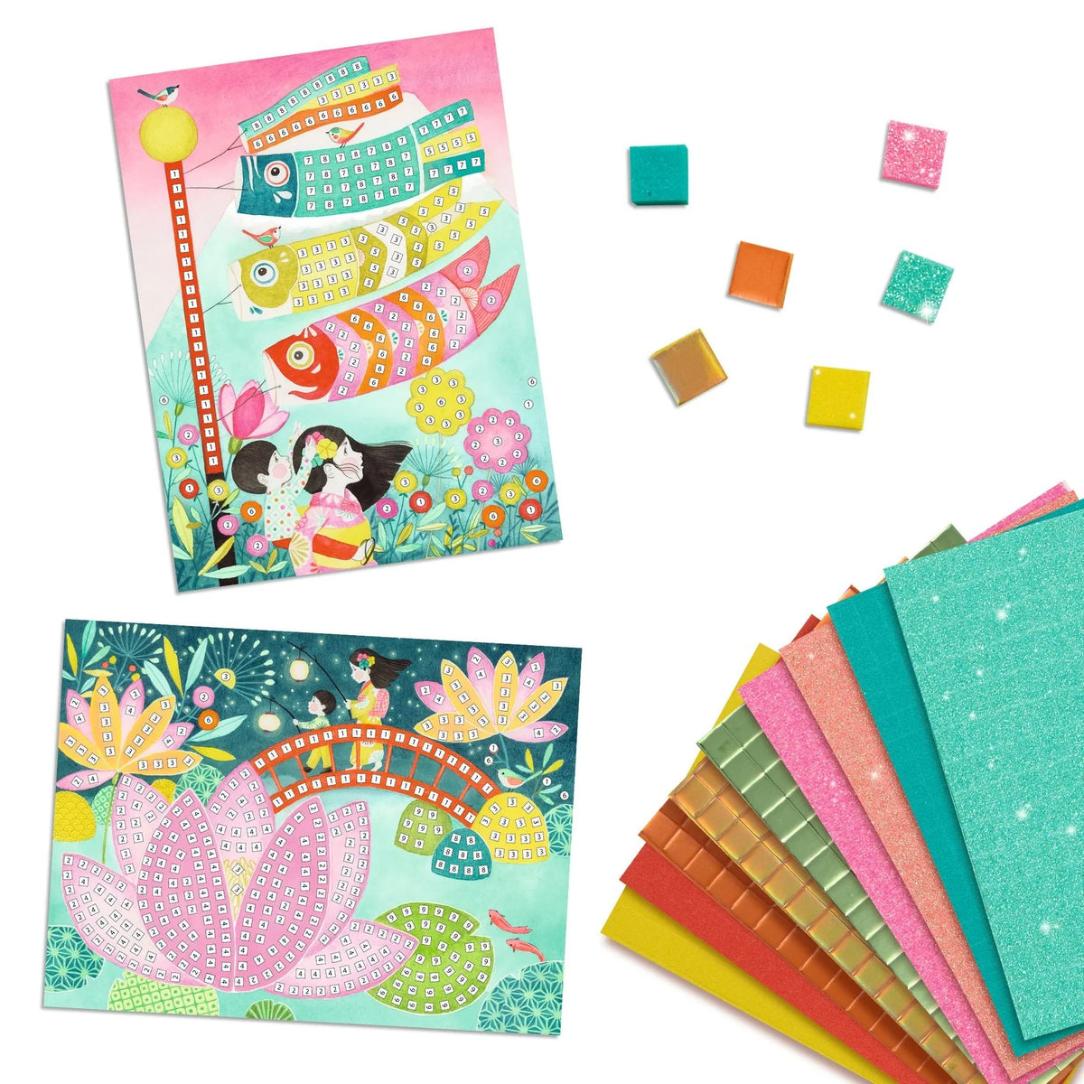 Colorful mosaic art kits with tiles on a white background