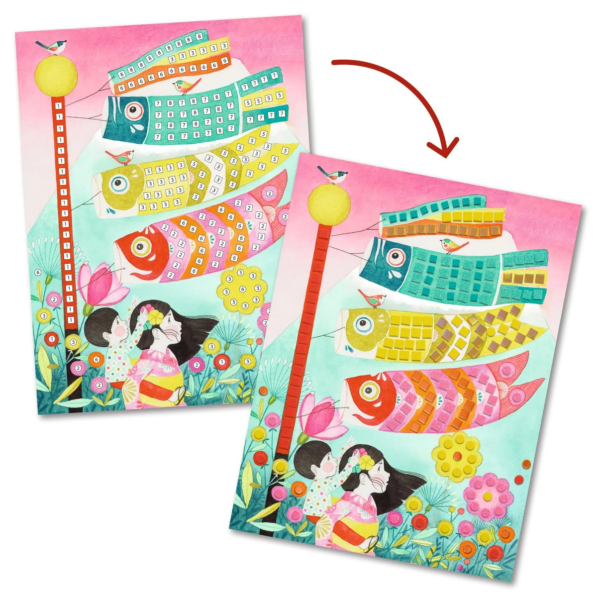 Two colorful greeting cards with fish and traditional Japanese elements on a white background.