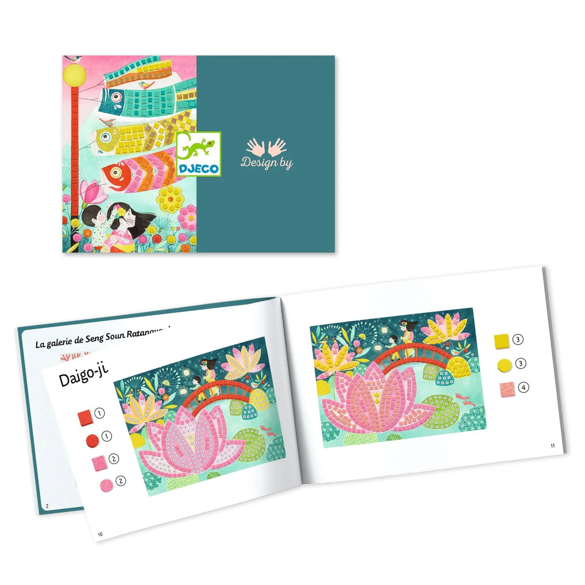 Instruction book with colorful illustrations and DJECO branding