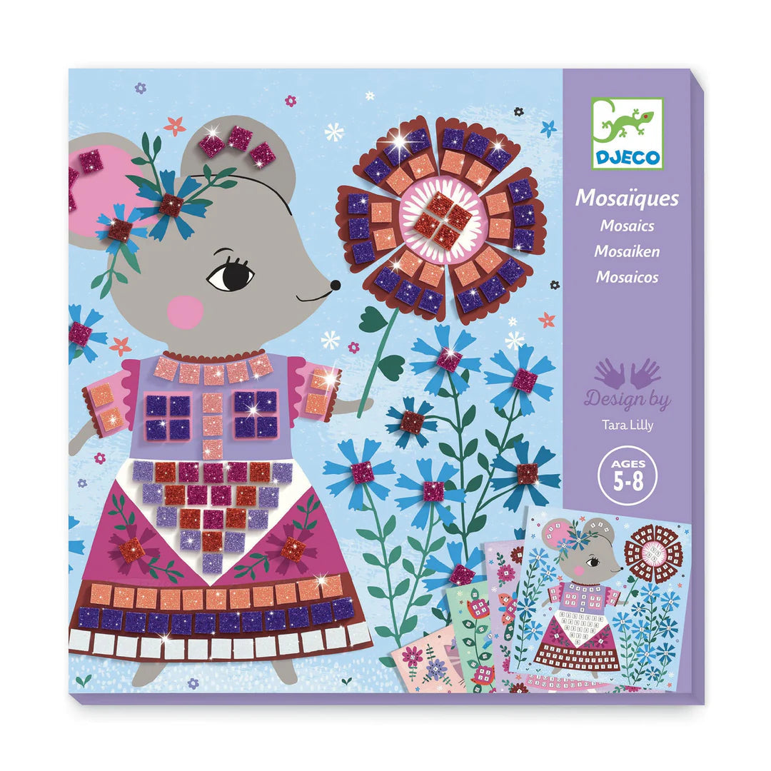 Packaging of 'Lovely Pets Mosaics' featuring a card with a mosaic design of a mouse dressed in a colorful outfit, surrounded by floral elements. The product is indicated for ages 5-8 and designed by Tara Lilly.