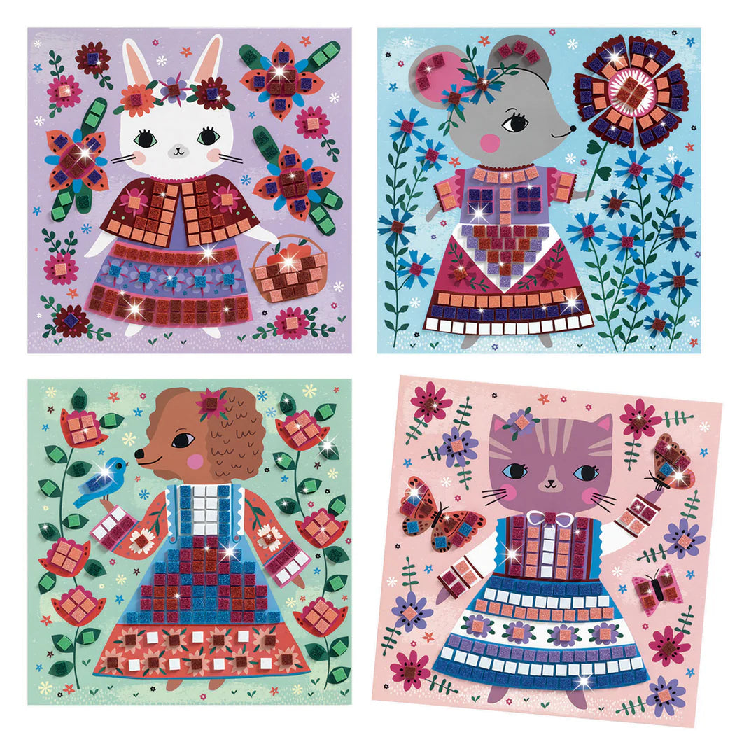 Packaging of 'Lovely Pets Mosaics' featuring a card with a mosaic design of a mouse dressed in a colorful outfit, surrounded by floral elements. The product is indicated for ages 5-8 and designed by Tara Lilly.