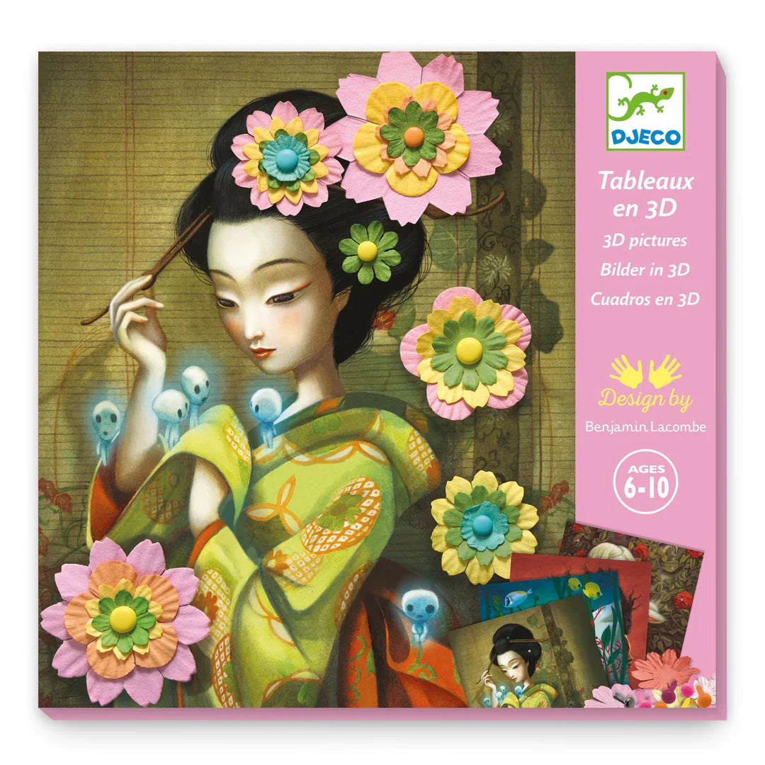 3D puzzle packaging with a geisha design and colorful flowers, featuring the Djeco brand.