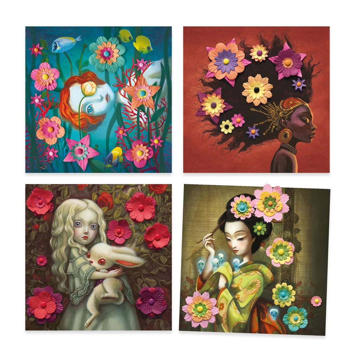 Four colorful artworks featuring stylized figures with floral elements on a white background.