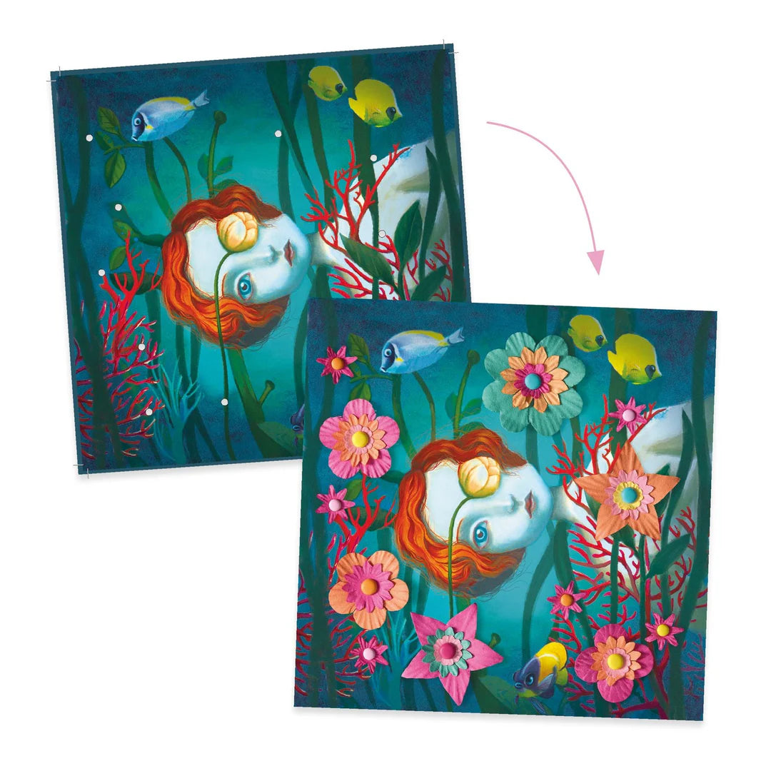 Two colorful illustrations of a mermaid underwater with flowers and fish.