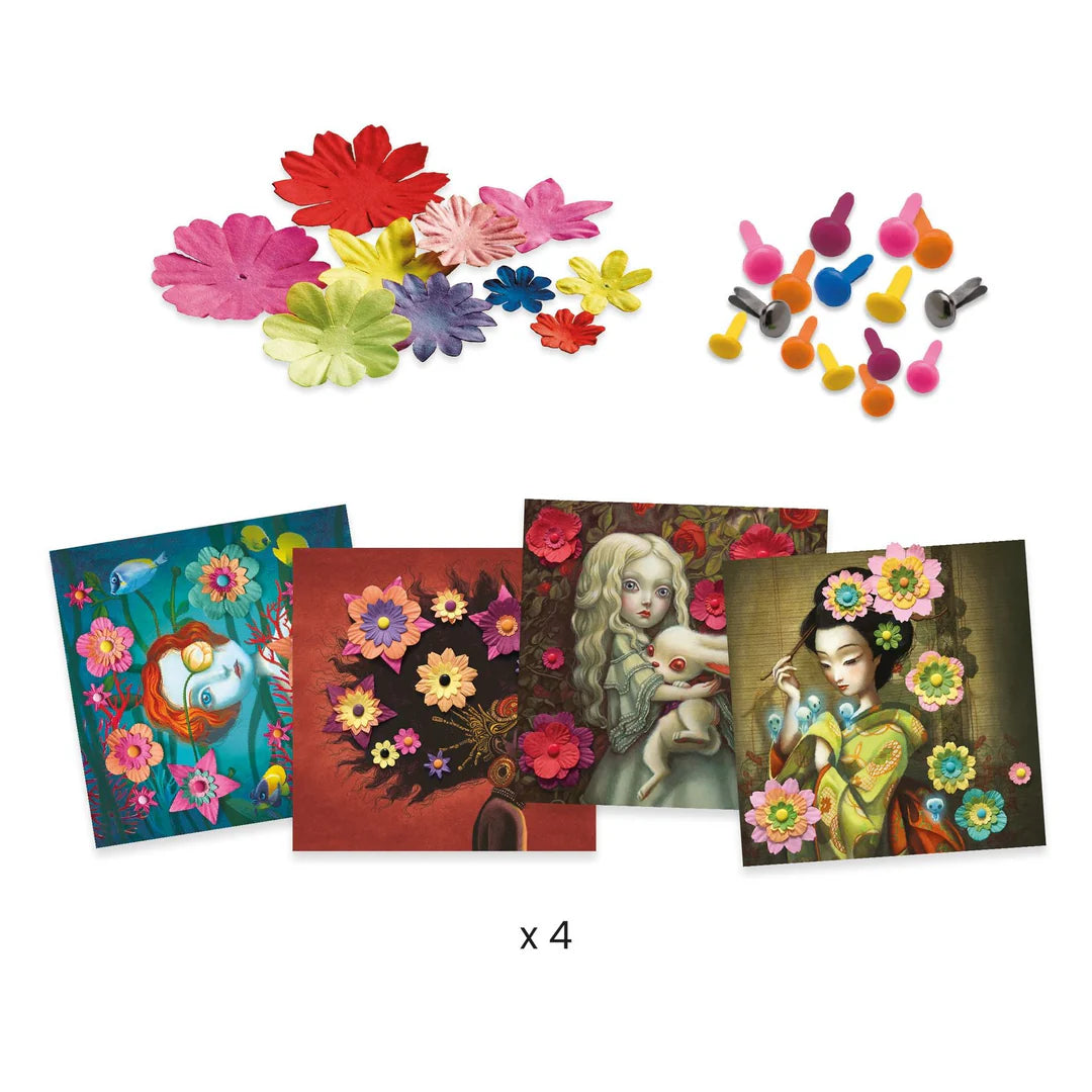 Set of four artistic greeting cards with floral designs, surrounded by additional floral decorations and small figurines on a white background.