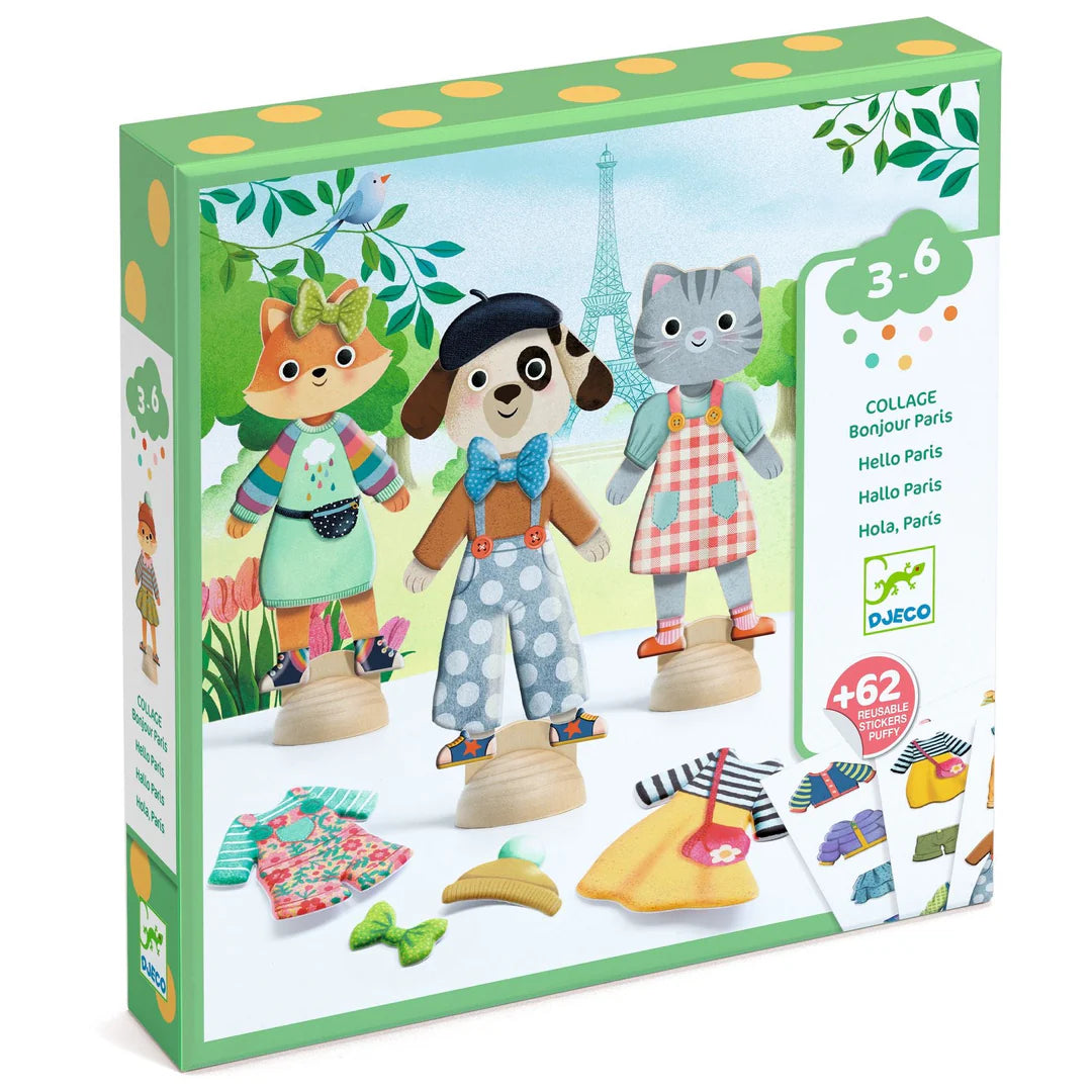 Box of Djeco animal figurines with clothes and accessories on a white background