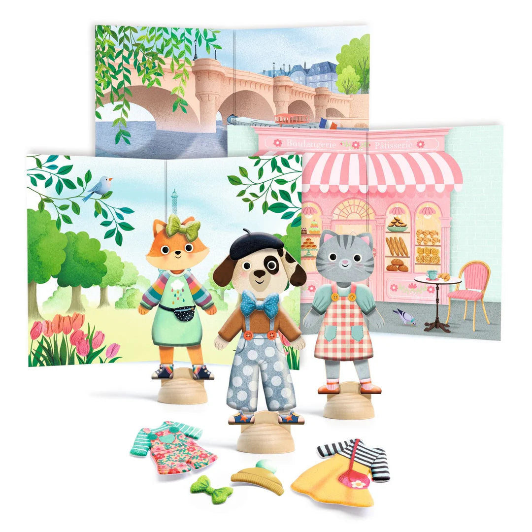 Toy figures with accessories and a scenic background