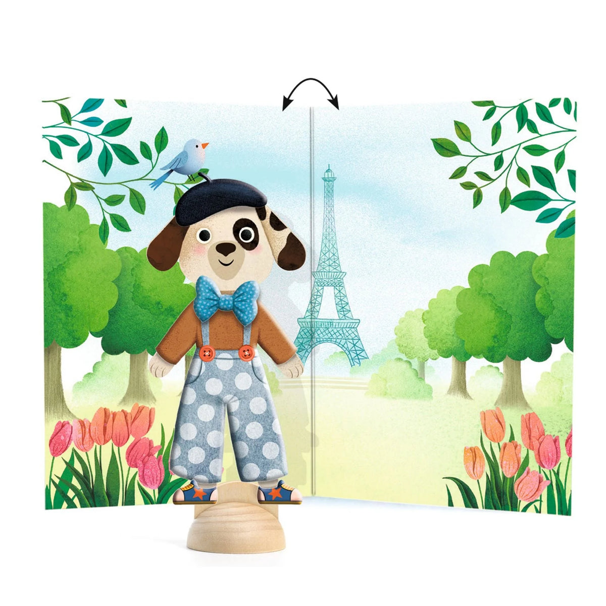 Pop-up book with a dog character and Eiffel Tower in a Parisian setting