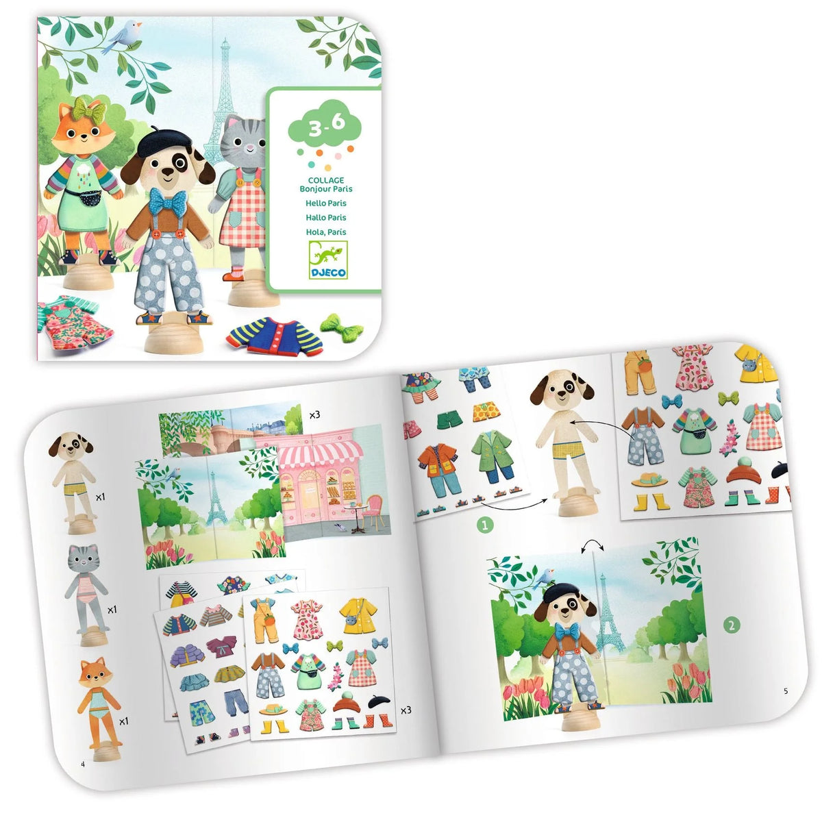 Children's craft toy with character cards and a book showing illustrations of characters and clothing items.