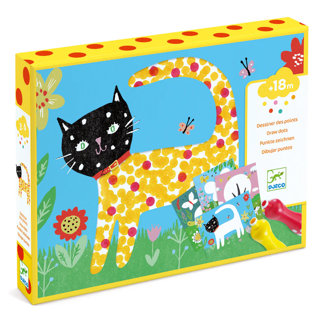 Colorful children's activity book with a cat illustration on a white background