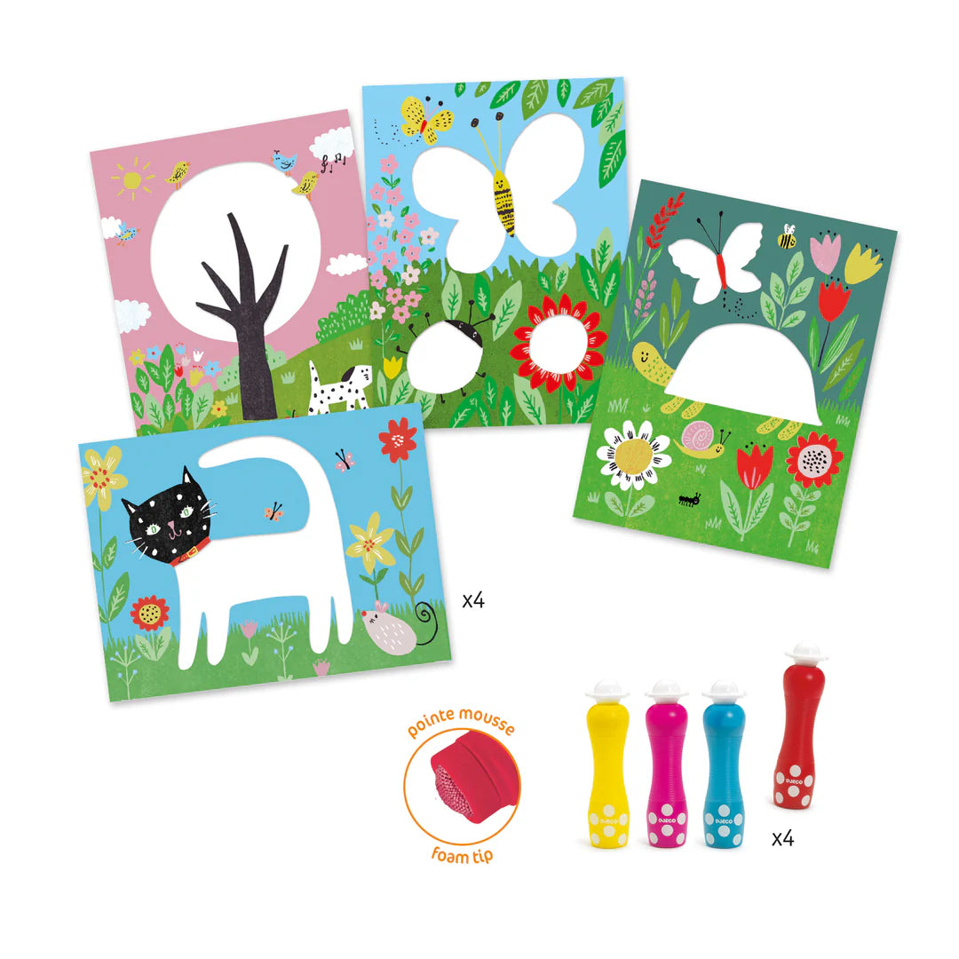 Set of four children's coloring cards  with animal and nature designs, accompanied by four small paint bottles.