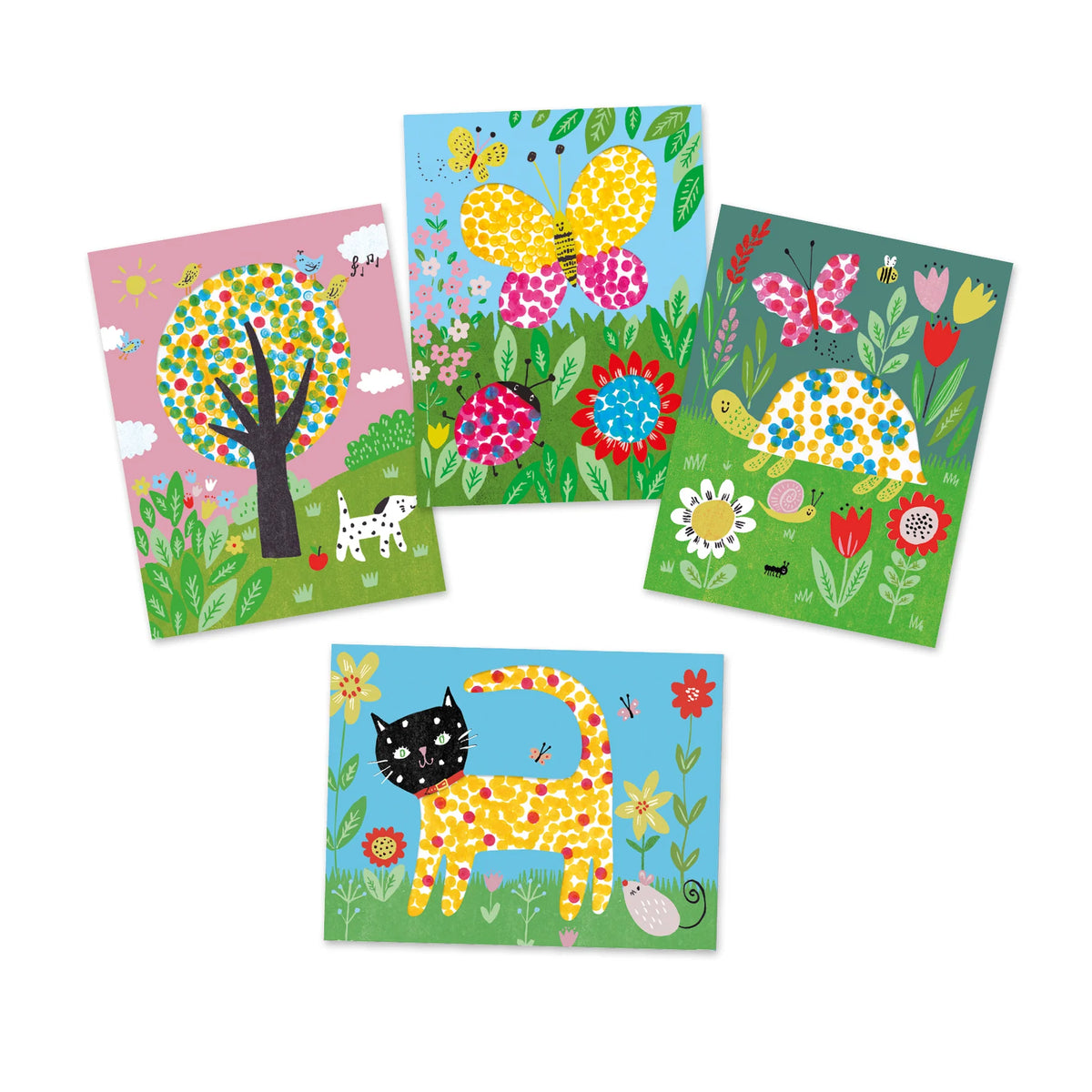 Four colorful children's cards featuring animals and nature on a white background.