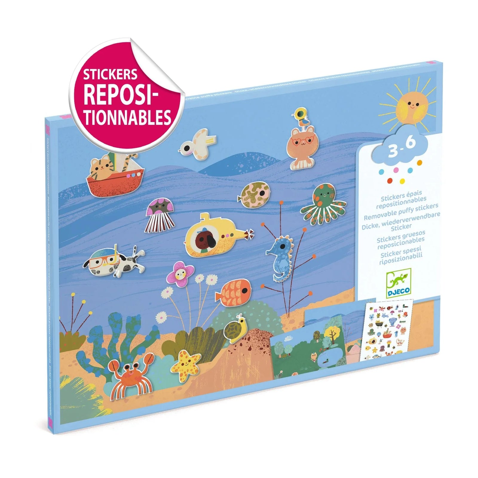 Packaging of a set of reusable stickers with ocean-themed illustrations on a blue background.
