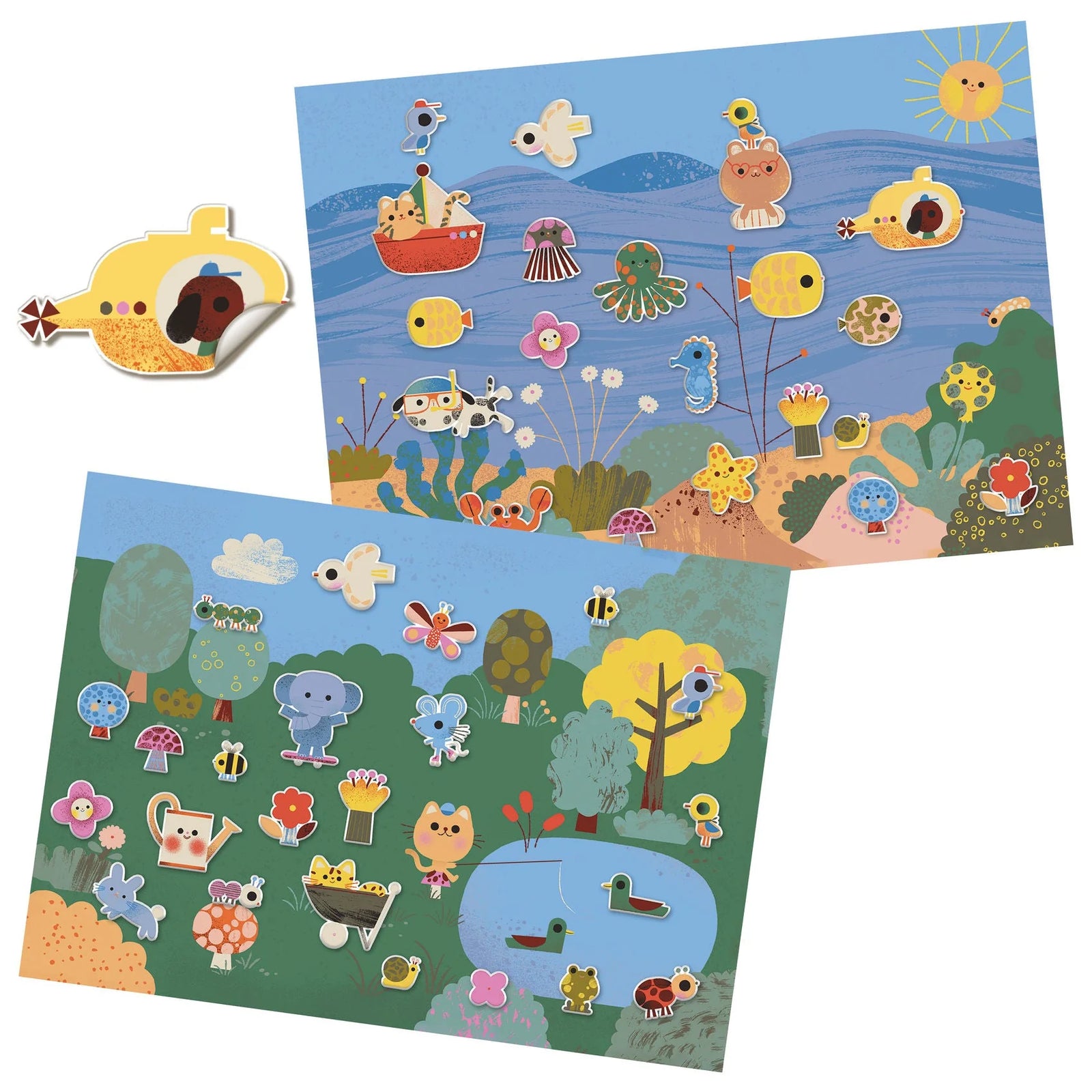 Packaging of a set of reusable stickers with ocean-themed illustrations on a blue background.