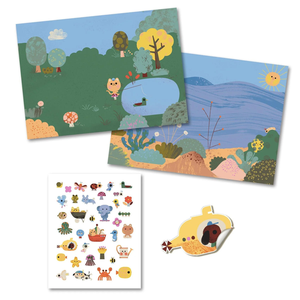 Set of children's stickers with nature-themed designs on a white background