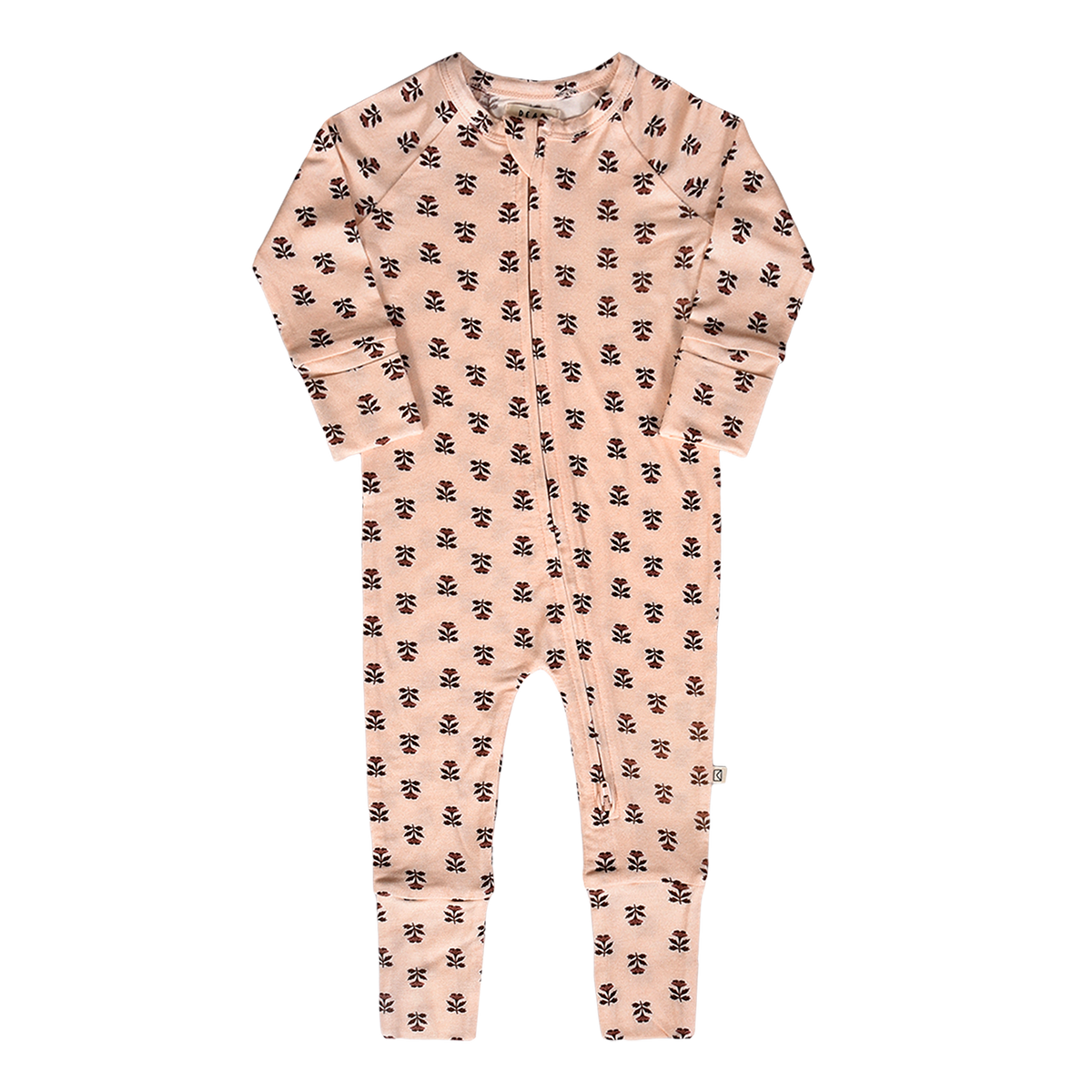 Pink baby onesie with rose floral pattern on a white background