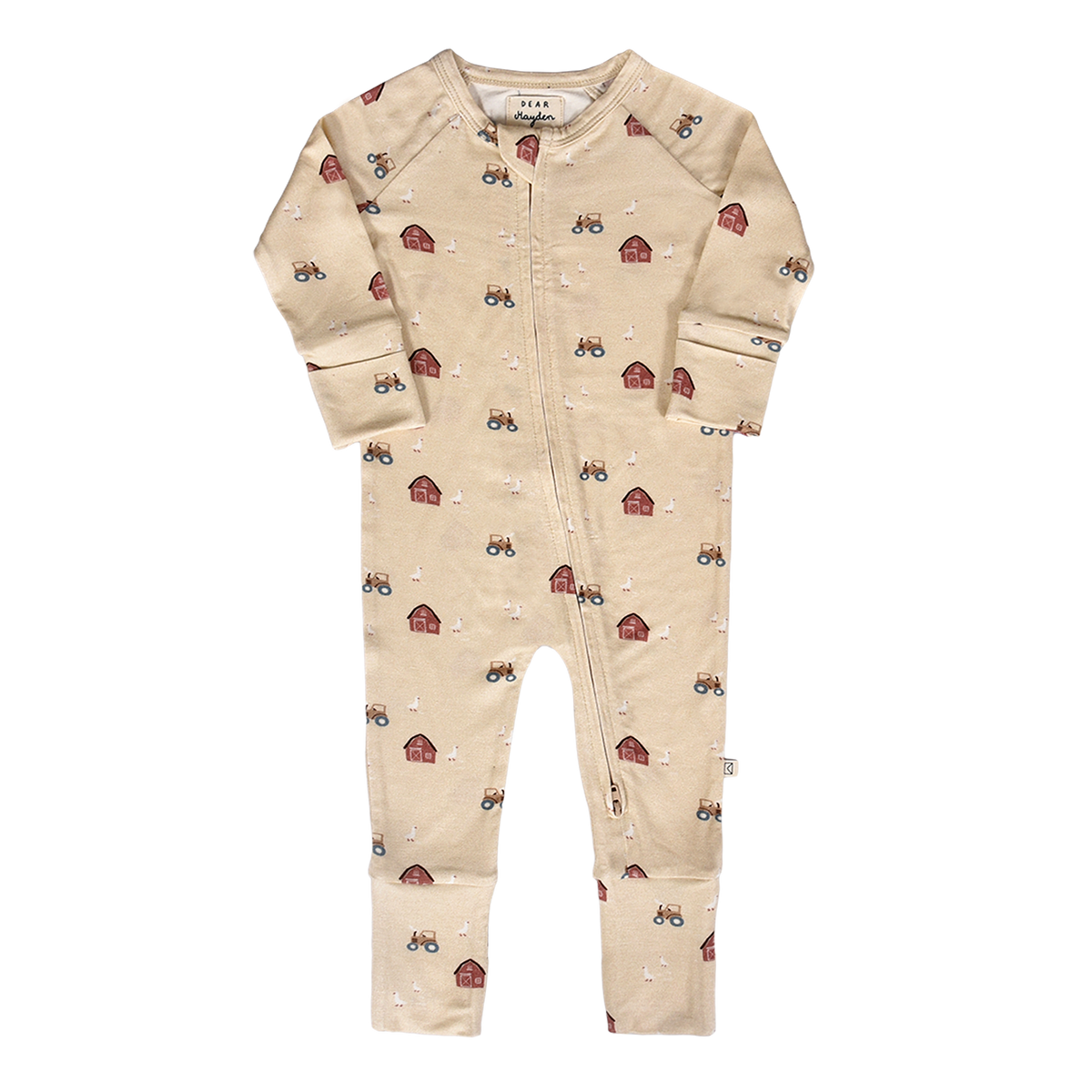 Beige baby onesie with farm animal pattern on a white background