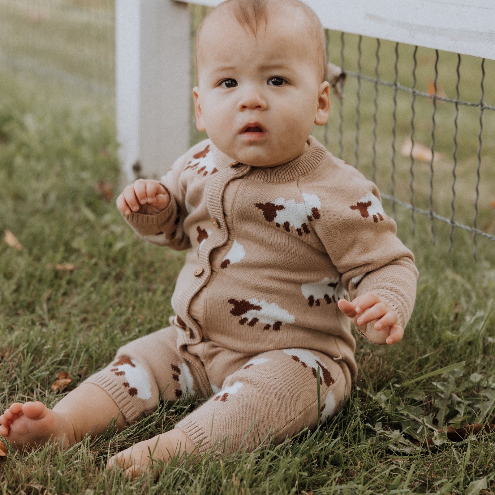 Baby sitting on grass wearing a tan outfit with sheep prints.