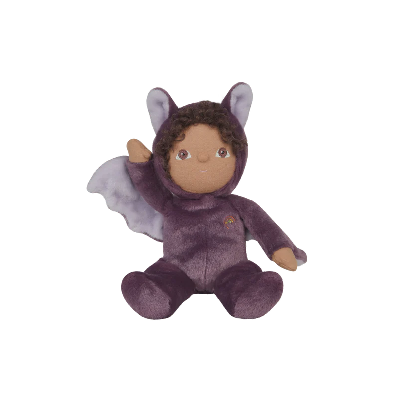 Plush toy in a purple costume with bat wings on a white background