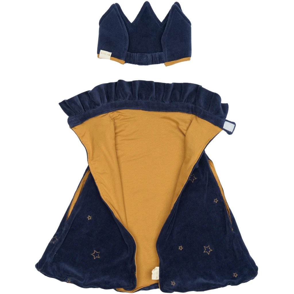 Navy blue and mustard yellow children's outfit with a crown on a white background