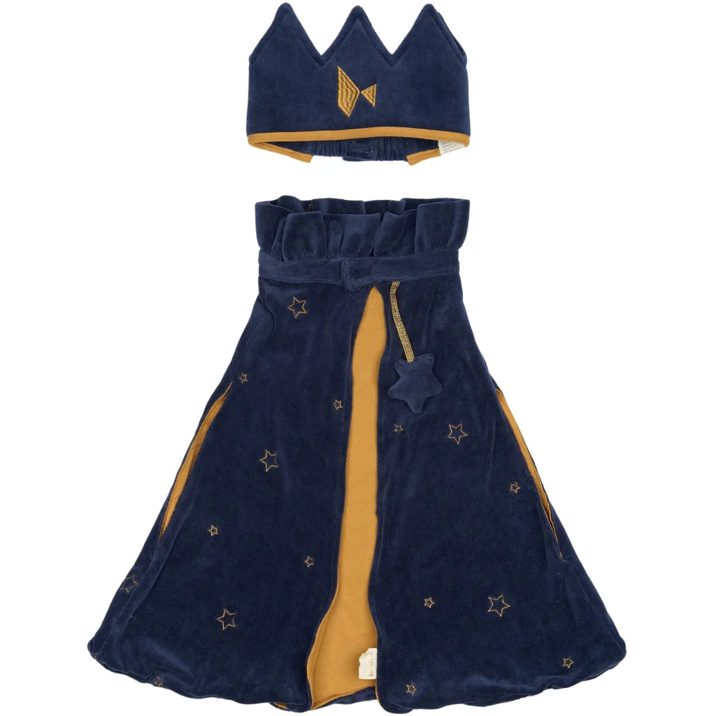 Navy blue and gold children's costume with a cape and crown on a white background