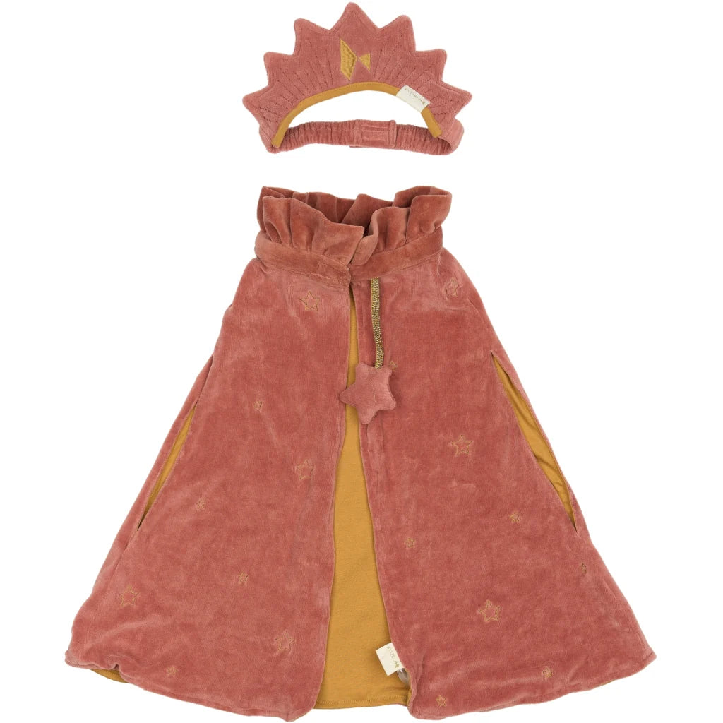 Children's costume set with cape and crown on a white background