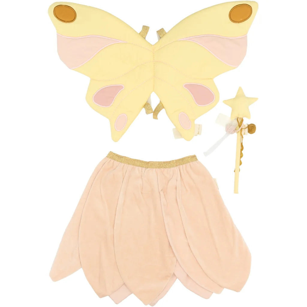 Fairy costume with wings, skirt, and wand on a white background