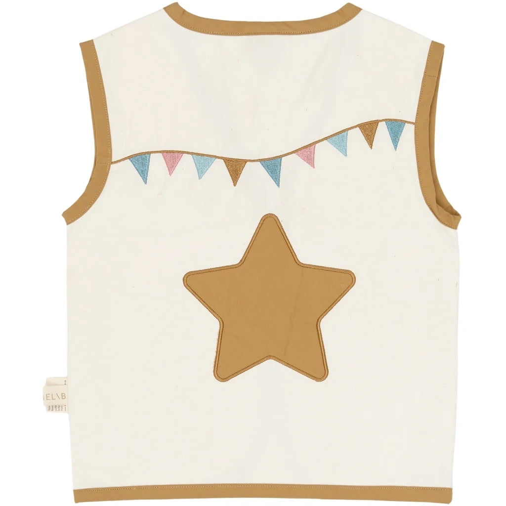 An off-white sleeveless vest with tan trim, featuring a large tan star patch on the back and a colorful bunting banner across the shoulders.