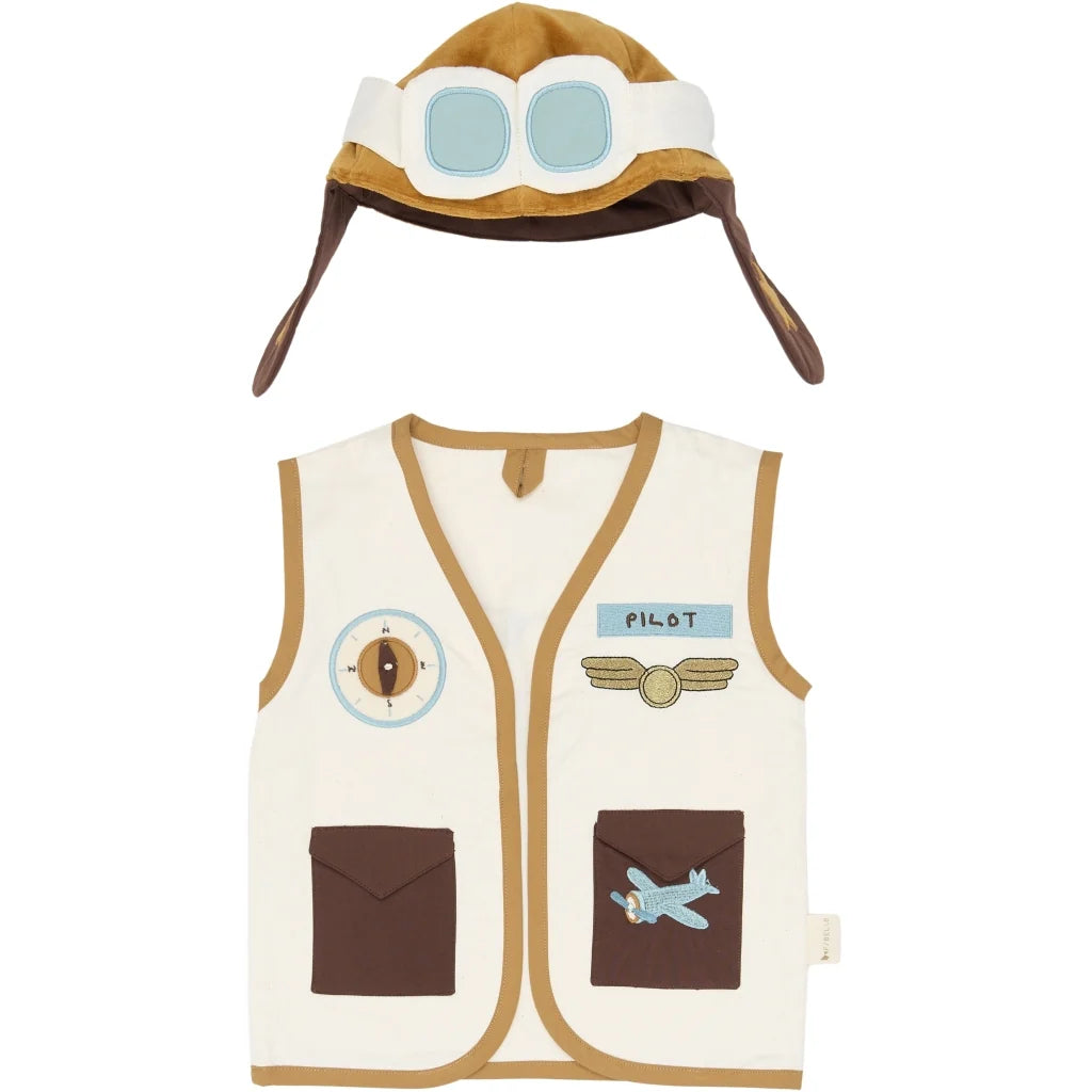 Children's pilot costume with vest and hat on a white background