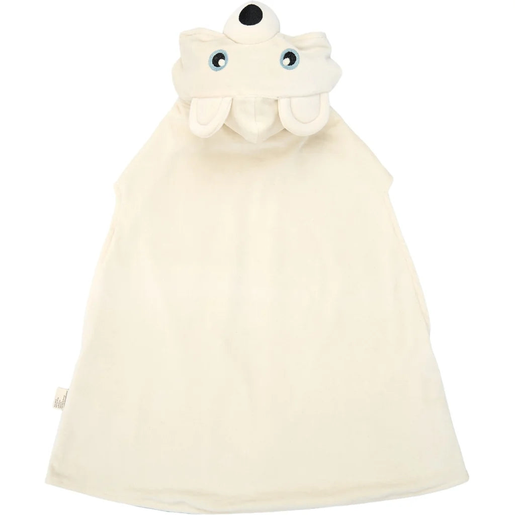 An off-white fleece cape with a plush polar bear hood, featuring embroidered blue eyes and a black nose, shown against a plain white background.
