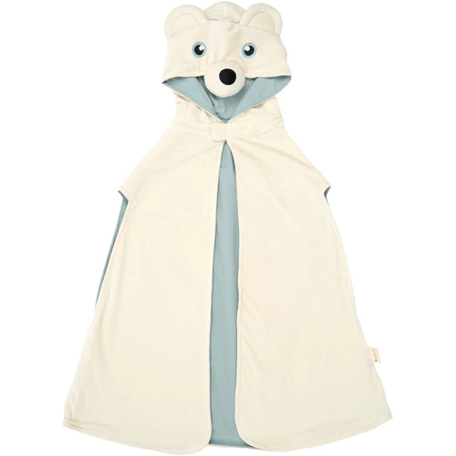 A cream-colored hooded cape with a bear face design on the hood, featuring light blue lining and side panels, shown against a plain white background.