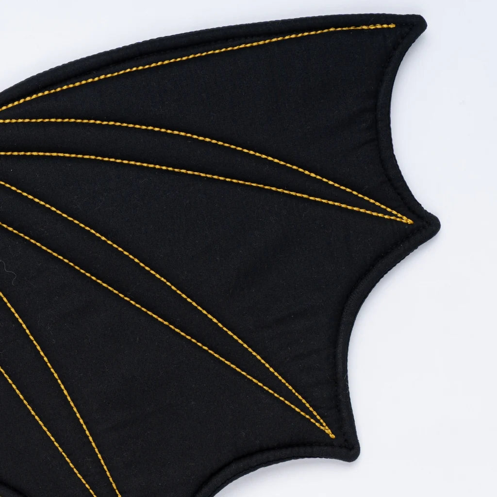 Black fabric with yellow stitching on a white background