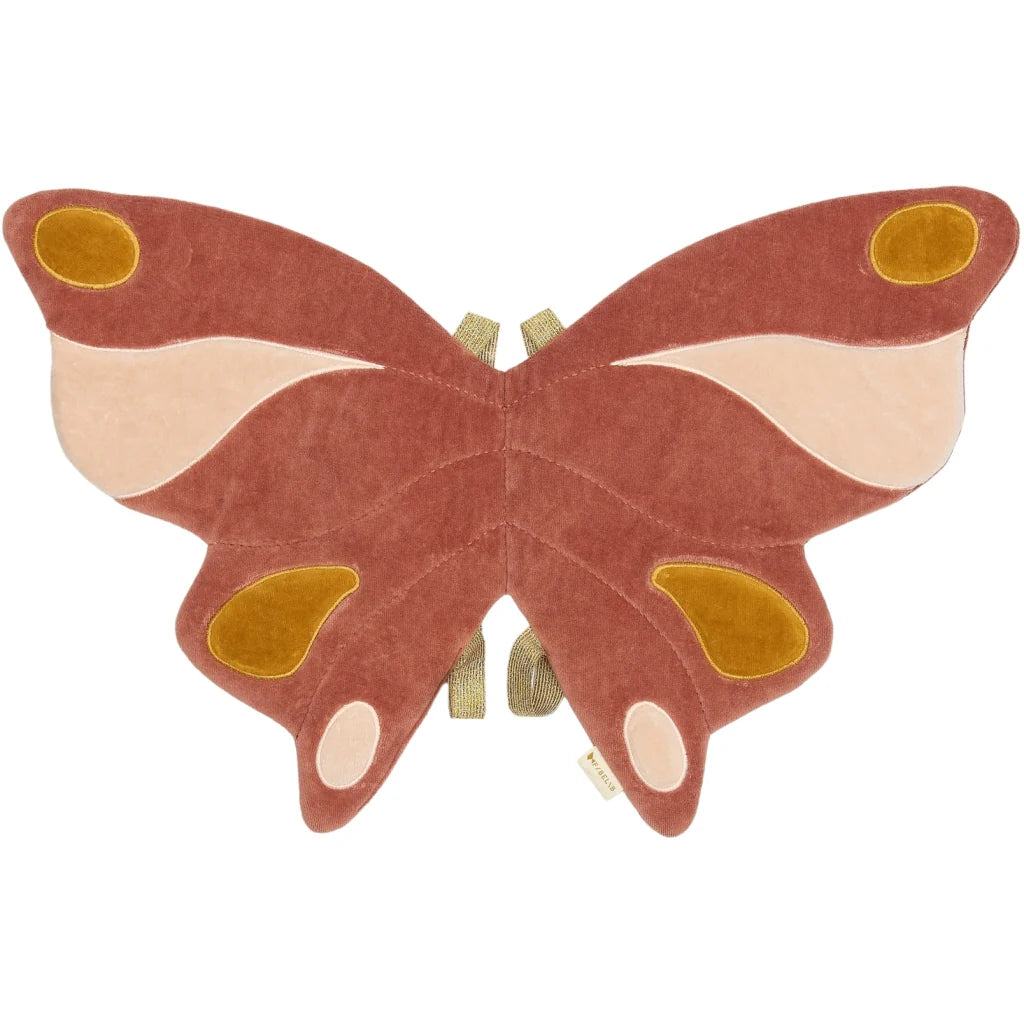 Butterfly-shaped costume wings with brown, beige, and gold colors on a white background