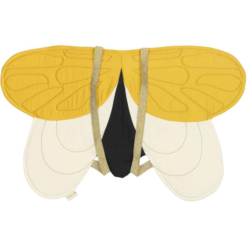 Bee-themed yellow wings and black and yellow stripes on a white background
