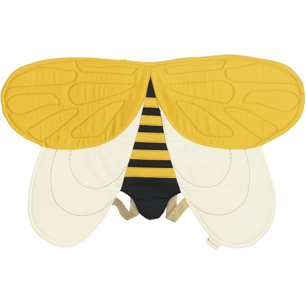 Bee-themed yellow wings and black and yellow stripes on a white background