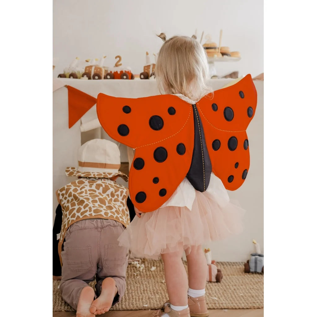 Child wearing a ladybug costume with red  wings and black spots in a room.