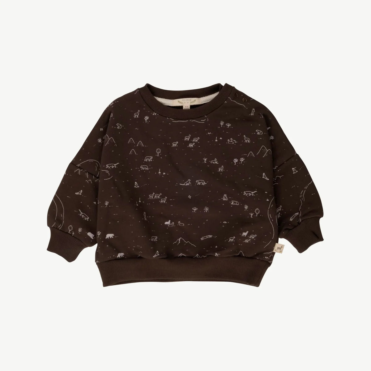 Brown children's sweatshirt with small white patterns on a white background