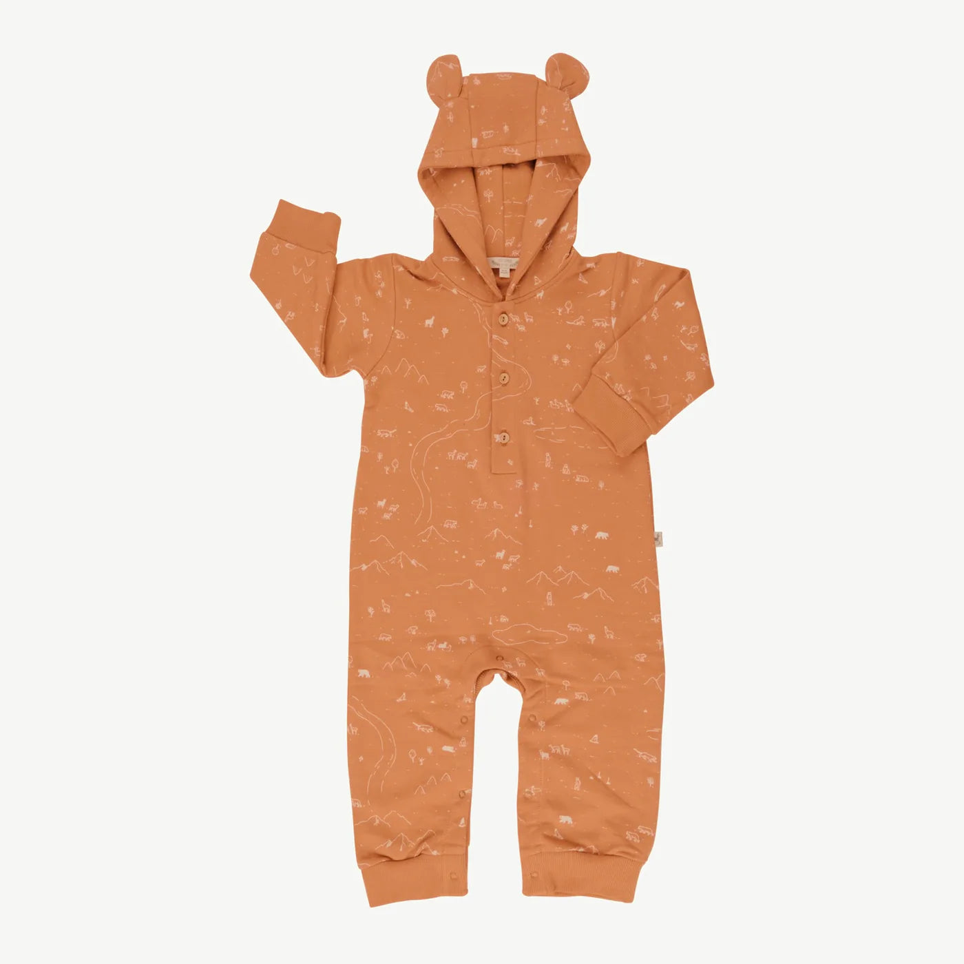 Orange baby onesie with bear ears on a white background