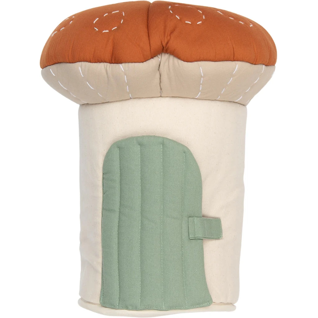 Mushroom-shaped cushion with orange cap and beige stem on a white background