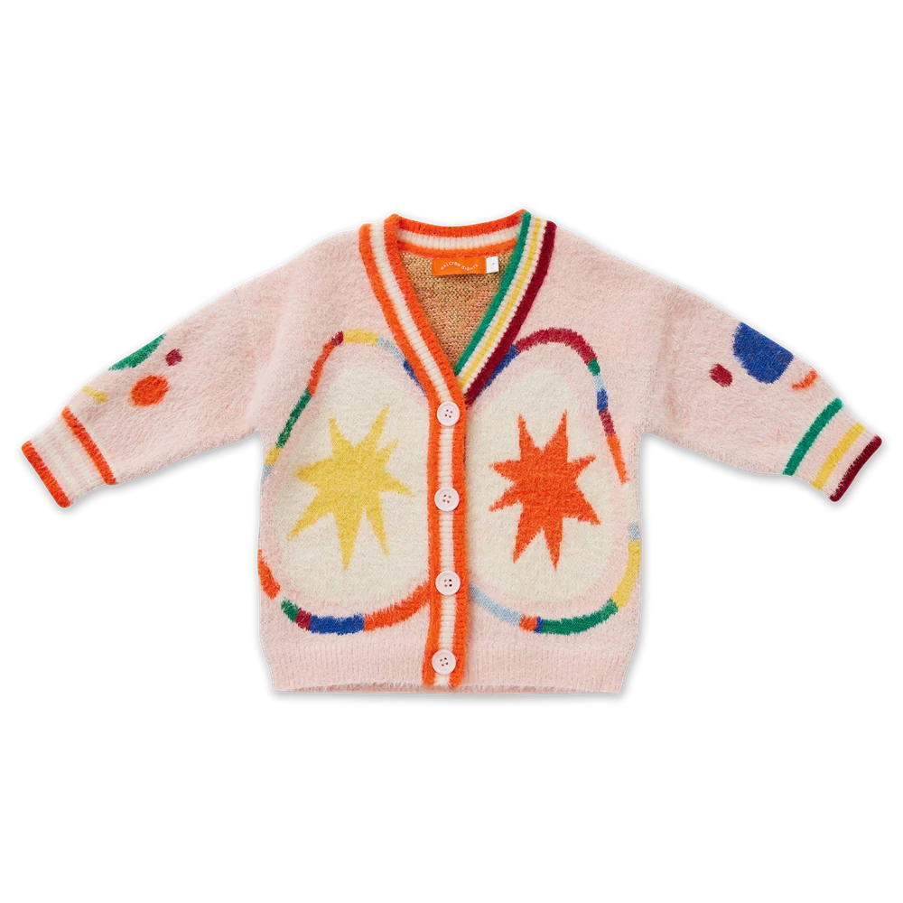 A fuzzy pink cardigan sweater  featuring colorful knit patterns with starbursts, and butterfly shapes in orange, yellow, green, blue, and red. It has a V-neck, button closure, and striped cuffs.