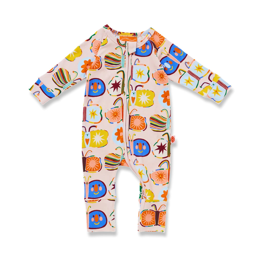 A baby long-sleeve footless one-piece jumpsuit with a colorful pattern of illustrated butterflies on a pale pink background, shown flat on a white background.
