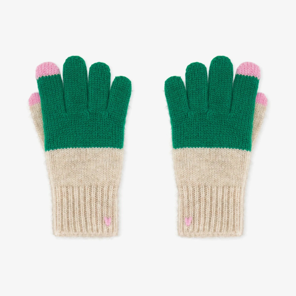 A pair of knit gloves in green and beige with pink tips and small pink heart details on the cuffs, displayed against a plain white background.