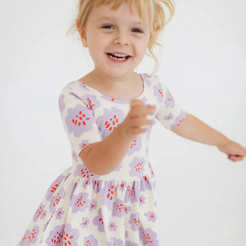 Shortsleeve Twirl Dress in Lavender Blooms