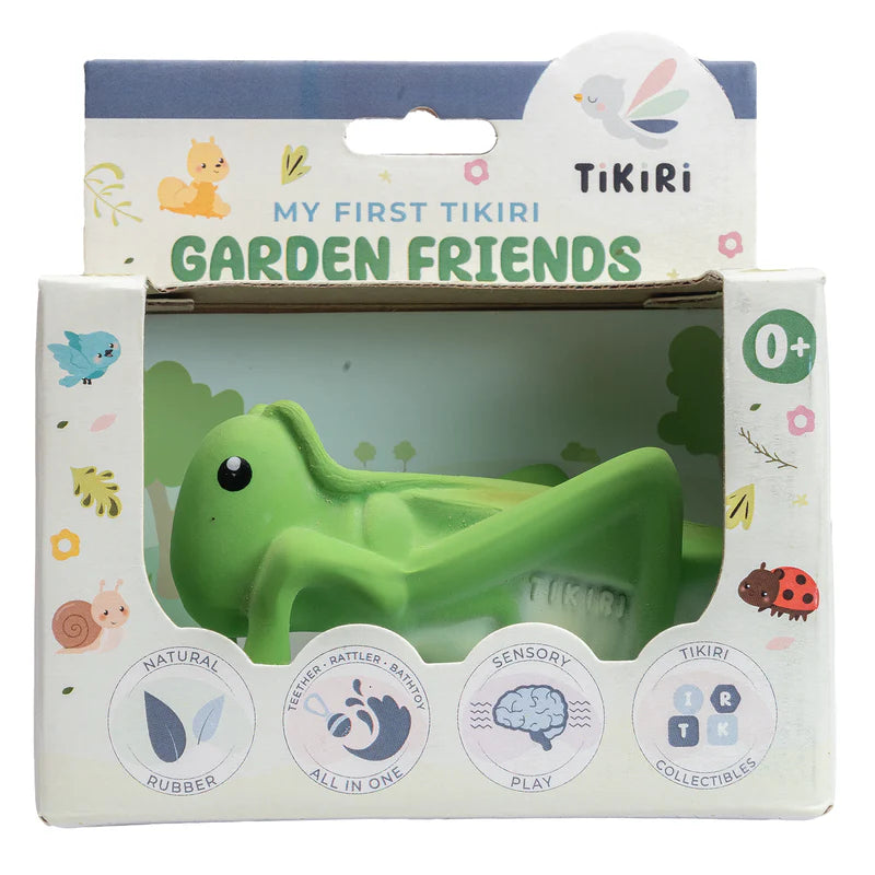 Green toy grasshopper in packaging with TikiRi branding and 'My First Tikiri Garden Friends' text.