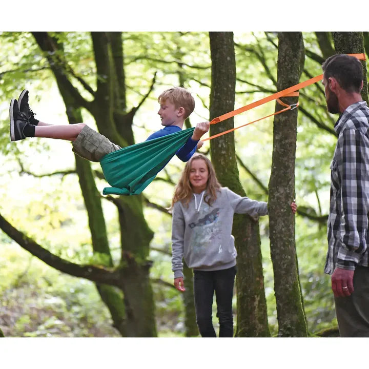 Hape Nature Fun pocket swing packaging with a child playing on a green swing.